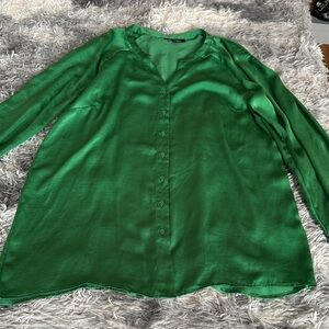 C—Emerald Green Button-Front Blouse